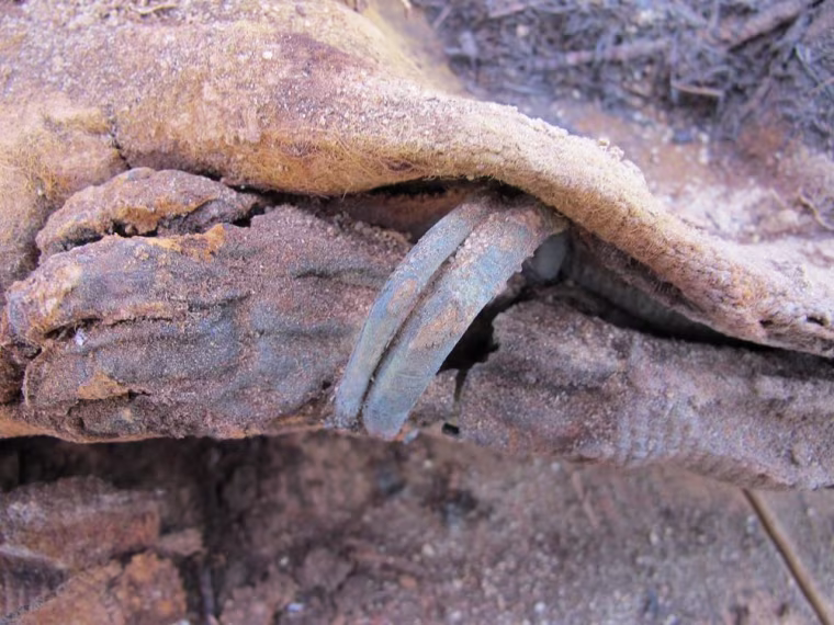 Image: Child who was wrapped in a tunic and buried with a necklace and two bracelets on each arm
