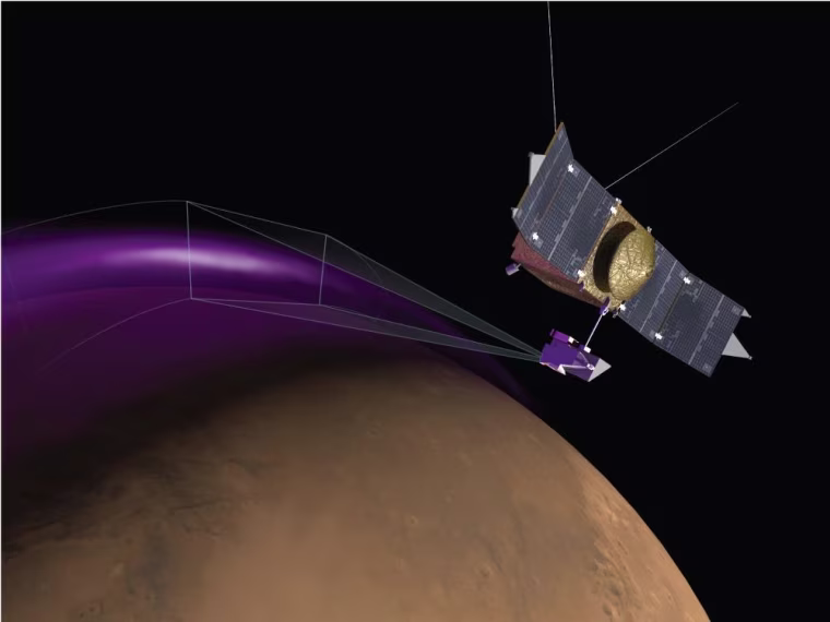Artist's conception of MAVEN observing the "Christmas lights" aurora on Mars. The display would not be visible to human eyes.