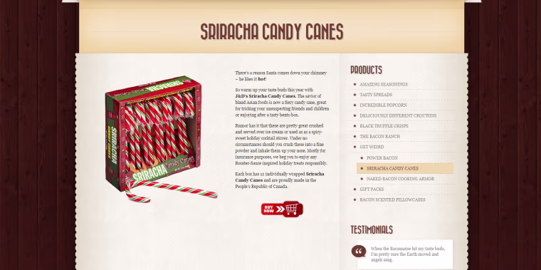 Each box of J&amp;D's Sriracha Candy Canes contains 12 individually wrapped sweet-and-spicy treats, proudly made, according to the website, in the People's Republic of Canada.