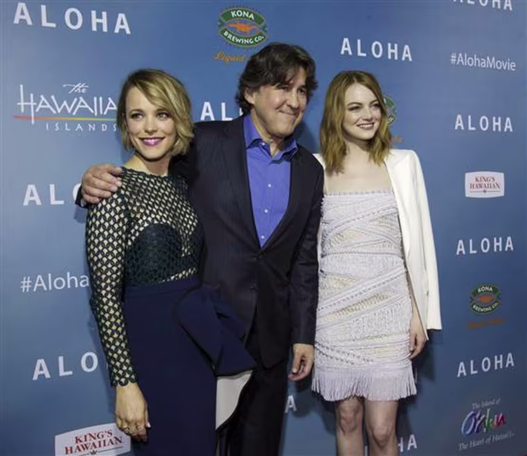 Director of the movie Cameron Crowe poses with cast members Rachel McAdams (L) and Emma Stone at a special screening of "Aloha" in West Hollywood, California May 27, 2015. The movie opened in the U.S. on May 29.