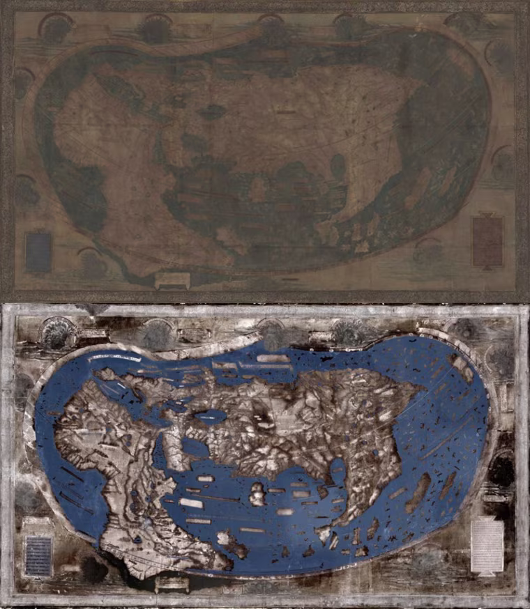 The Martellus map as it appears to the naked eye (top) and through multispectral imaging (bottom).