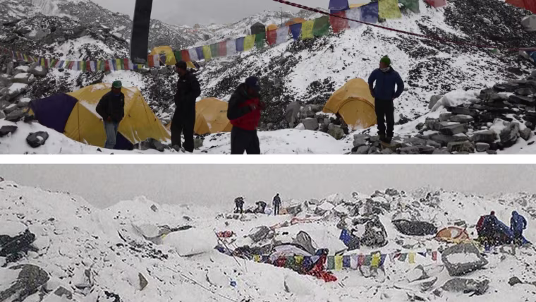 A view of Everest Base Camp before (top) and after (bottom) the avalanche hit, leaving 19 dead and more than 60 injured.