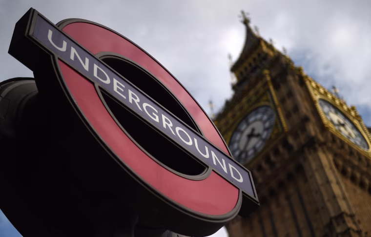 Image: A London Underground sign outside Westminster Station in London