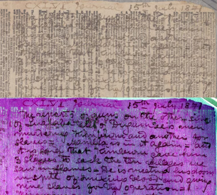 A newsprint page used by David Livingstone as a diary but rendered illegible by fading. Multispectral imaging all but eliminates the interfering print, leaving the handwritten text readable.
