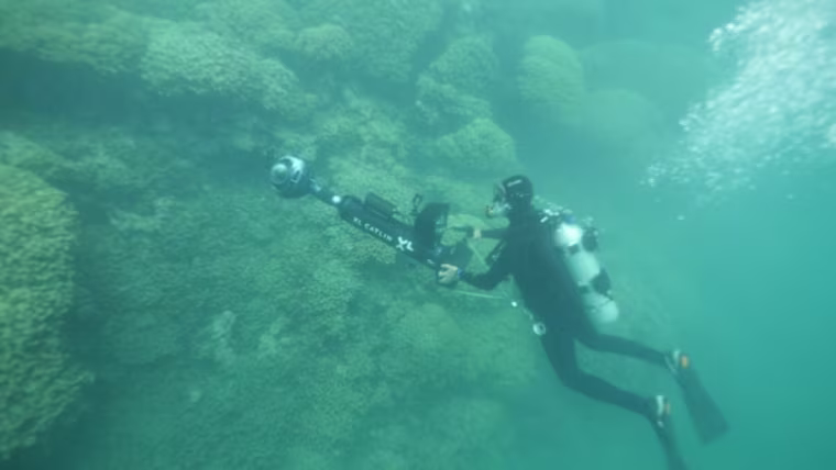 A member of the XL Catlin Seaview Survey investigates the health of the coral reef in Kaneohe Bay, Oahu, where warming ocean temperatures are already causing the coral to lose their living tissues and die in a process called 'coral bleaching.'