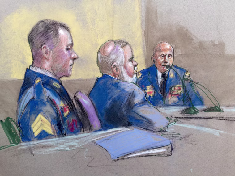 Army Sgt. Bowe Bergdahl, left, and defense lead counsel Eugene Fidell, center, look on as Maj. Gen. Kenneth Dahl is questioned during a preliminary hearing to determine if Sgt. Bergdahl will be court-martialed, Friday, Sept. 18, at Fort Sam Houston, Texas.