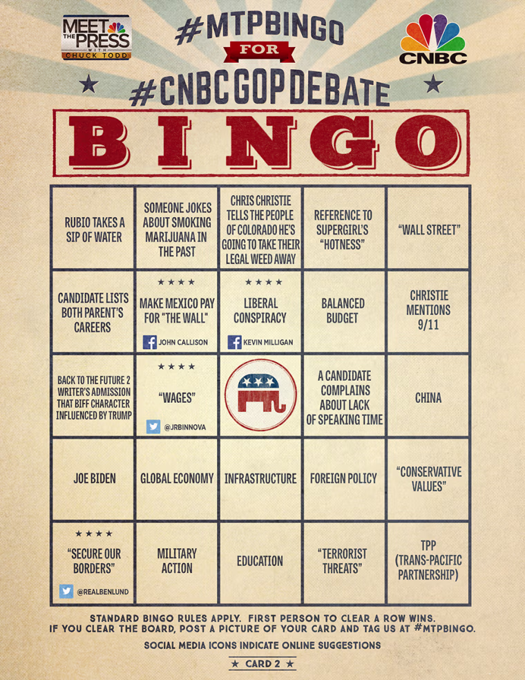 MTP Bingo Card 2 for the CNBC GOP Debate