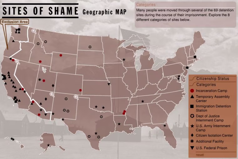 This interactive map created by Densho, located at densho.org, shows the sites of Japanese-American incarceration camps during World War II.