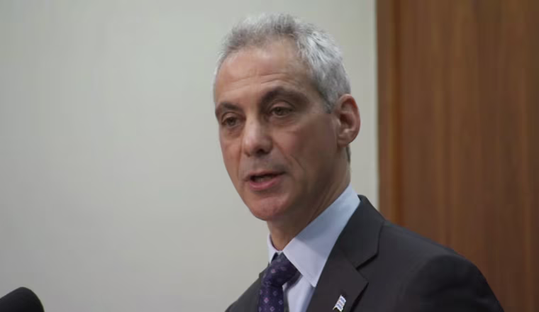 Image: Mayor of Chicago Rahm Emanuel speaks to reporters at a press conference.