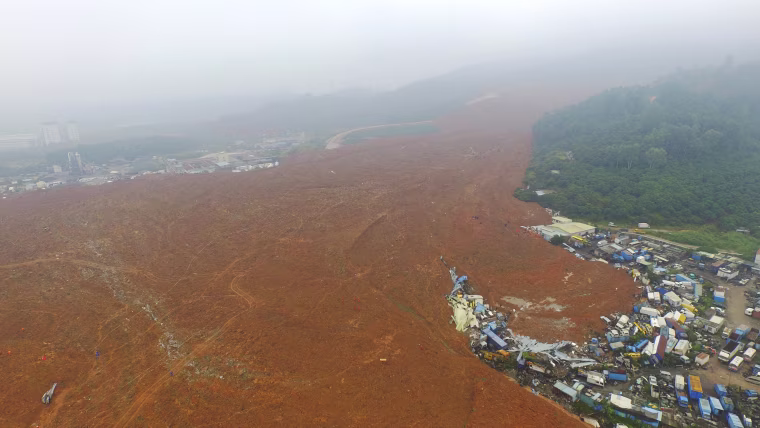 Image: An aerial view shows the site of a landslide which hit an industrial park in Shenzhen