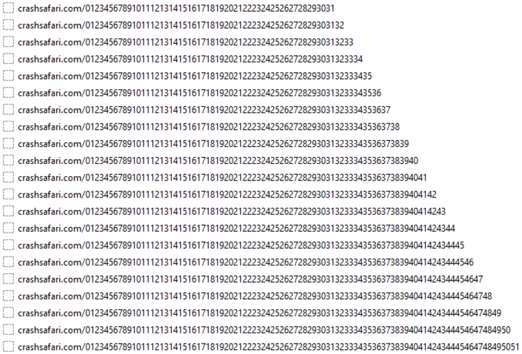 How your browser history will look after visiting Crashsafari. This list goes on for many, many pages. (The URL was originally crashsafari.com, now crashsafari.co)