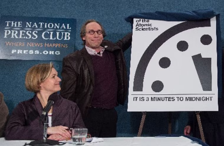 Image: Lawrence Krauss, chair of the Bulletin of Atomic Scientists' Board of Sponsors, unveils the 'Doomsday Clock'