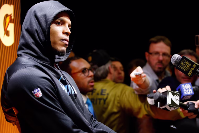 Image: Cam Newton of the Carolina Panthers reacts after the Denver Broncos defeated the Carolina Panthers
