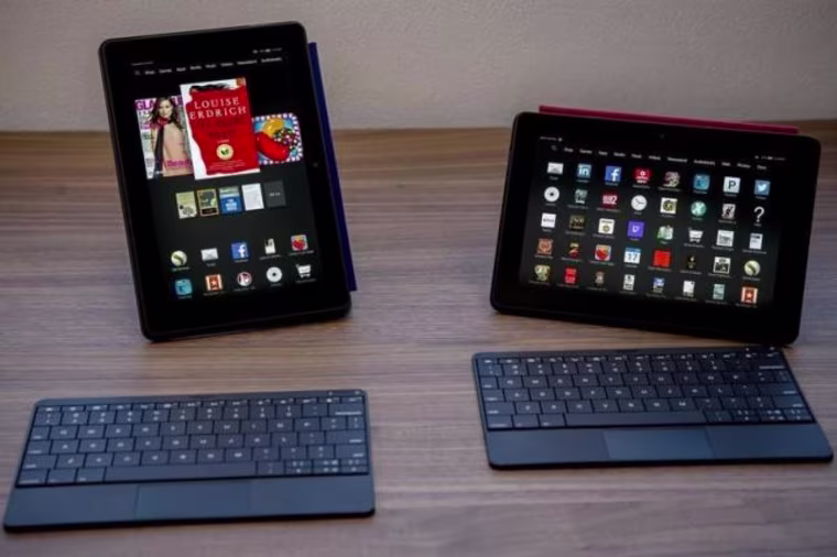 New Amazon Kindle Fire HDX 8.9 Tablets are displayed during a launch event in New York