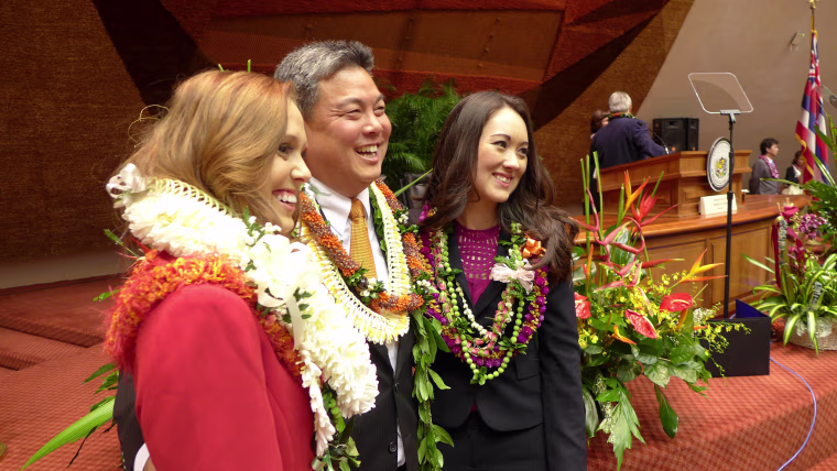 On the right, Hawaii state Rep. Beth Fukumoto Chang, a Republican, with Rep. Mark Takai, a Democrat, center. 
