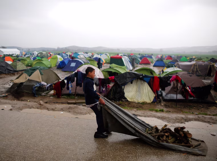 Image: A young migrant drags firewood at a makeshift camp on the Greek-Macedonian border, near the village of Idomeni