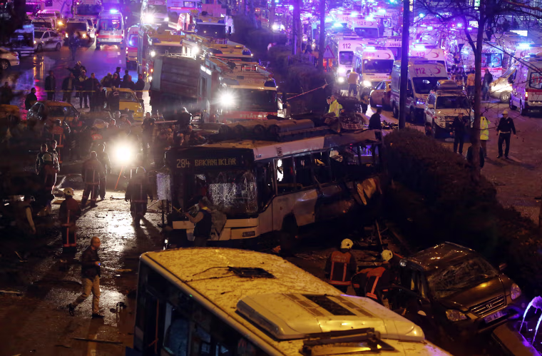 Image: Emergency services work at site of an explosion in Ankara