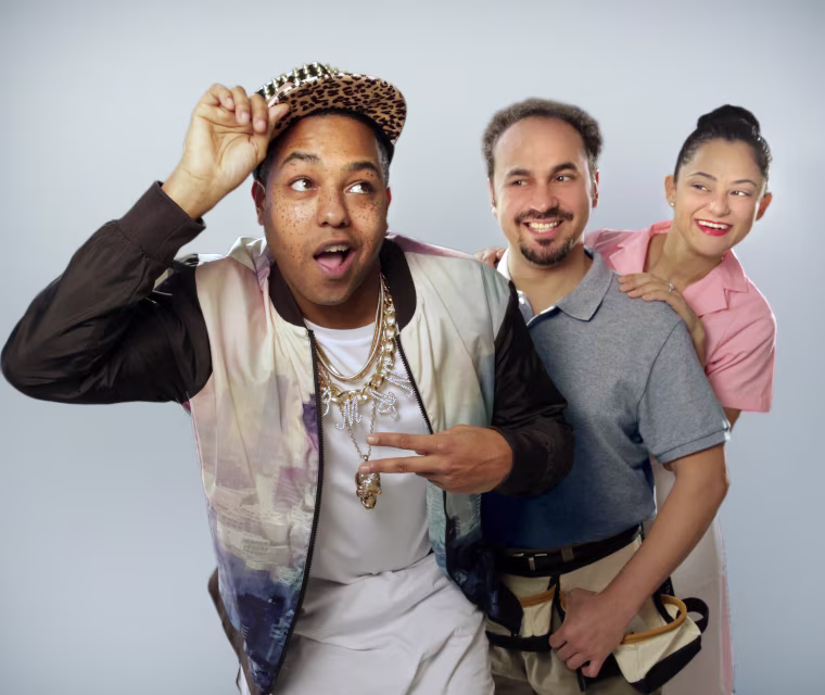 Dwayne A. Washington as Li'l B-Man, José Adán Pérez as Figaro and Samarie Alicea as Susana in ¡Figaro! (90210)