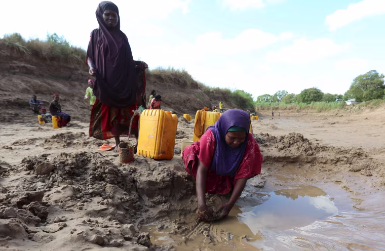 Image: People collect water from shallow wells dug along the Shabelle River bed, which is dry due to drought in Somalia's Shabelle region