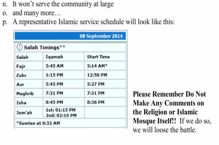An image, taken from court documents, that the Islamic Society of Basking Ridge says shows coaching from the Bernards Township Citizens for Responsible Development on how not to appear discriminatory.