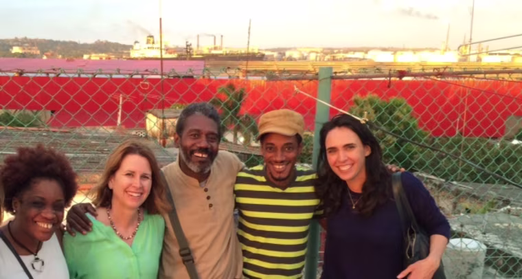 Bibi Hidalgo, who is Cuban American, with among others Cuban Professor Roberto Zurbano and lead singers of the hip-hop group Grupo Obsesion, in Havana, Cuba, February 2016.