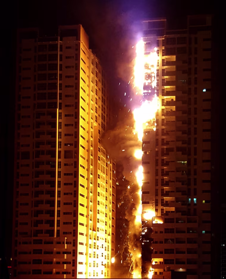 Image: Fire engulfs a tower at a residential cluster in Ajman