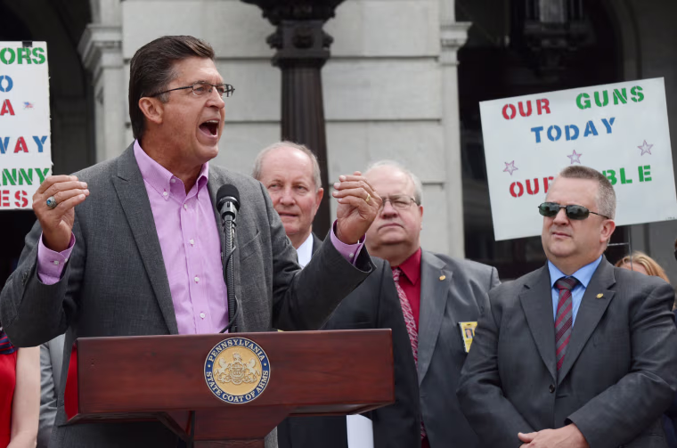 Richard Mack, the former sheriff of Graham County, Ariz., speaks at the 10th annual Second Amendment Action Day rally on the steps of the Pennsylvania Capitol in Harrisburg, Pa., on May 12, 2015,