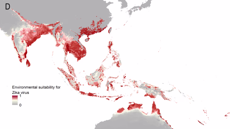 A new map calculating when and where Zika virus is likely to spread shows 2 billion people could be in the Zika zone.This map shows what areas could affect Asia.