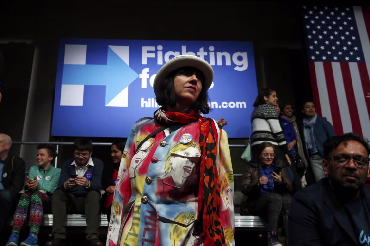 Image: A supporter of U.S. Democratic presidential candidate Clinton wears a pair of pants imprinted with her image at her New York presidential primary night rally in New York
