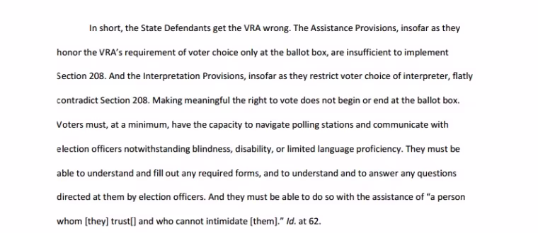 An excerpt of a Judge Robert L. Pitman's opinion in OCA - Greater Houston v. State of Texas.