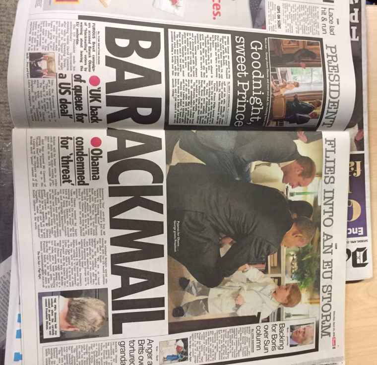 Image: Britain's newspaper The Sun reported Obama's Brexit intervention under the headline "BARACKMAIL."