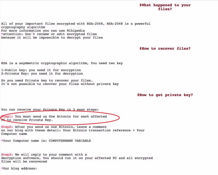A ransom note sent by hackers to a ransomware victim.