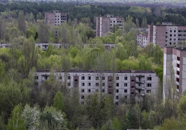 Image: A view of the abandoned city of Pripyat is seen near the Chernobyl nuclear power plant