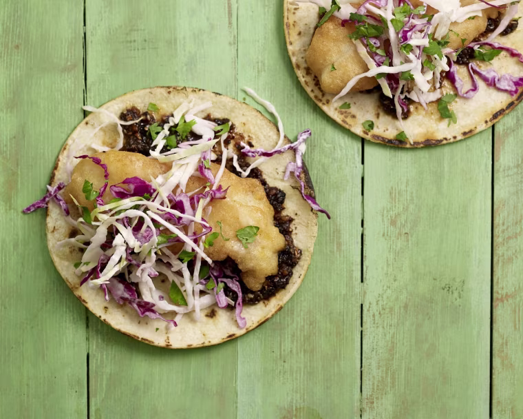Pati Jinich's Cal-Mex Fish Tacos with Salsa Macha and Creamy Slaw.