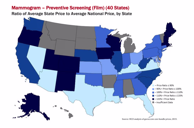 Image: A map shows the average cost of a mammogram based on a new study by the Health Care Cost Institute.