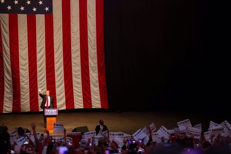 Image: Republican U.S. presidential candidate Donald Trump arrives to speak at a campaign rally in Costa Mesa, California