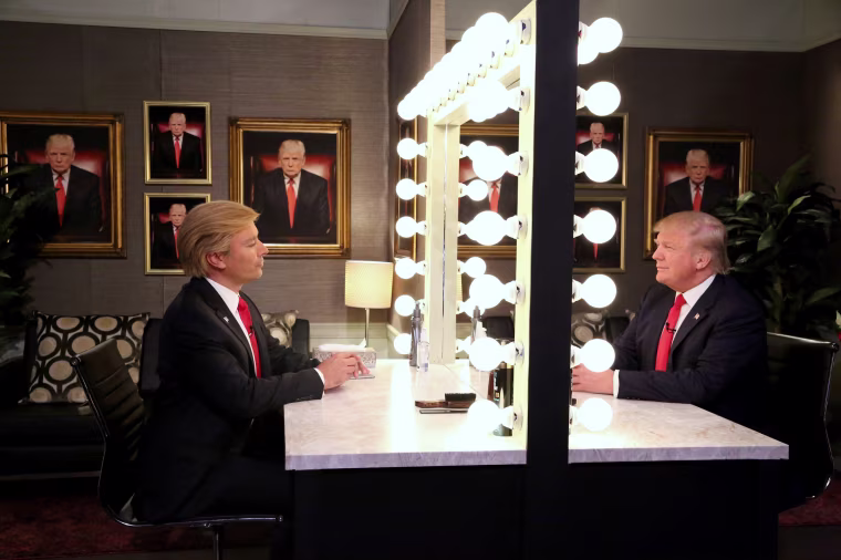 Image: The Tonight Show host Jimmy Fallon and Donald Trump during a skit