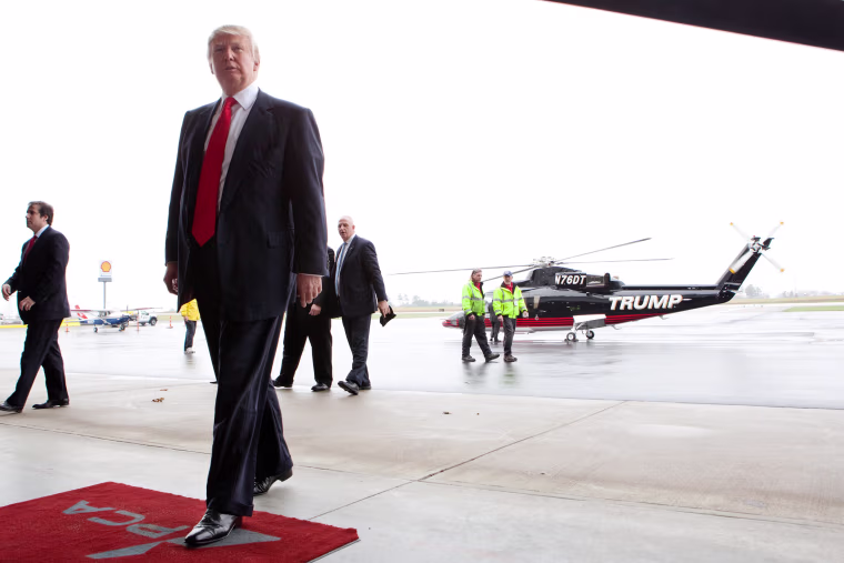 Image: Trump arrives to speak to the media at Pease International Trade Port