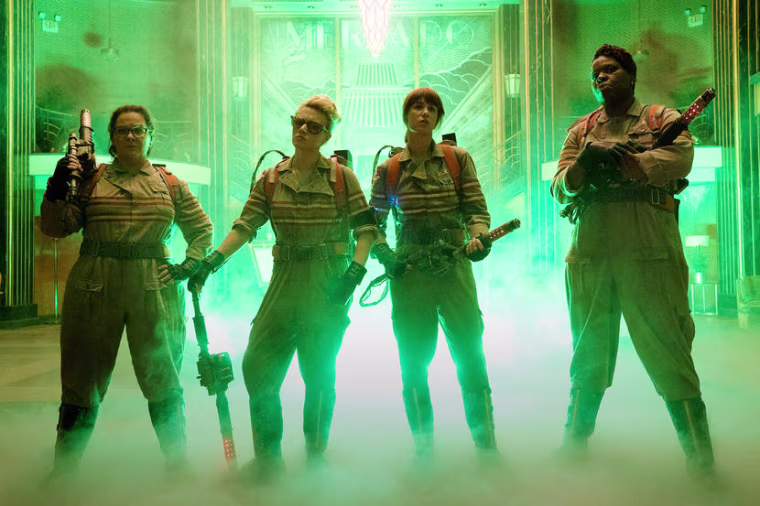 The Ghostbusters Abby (Melissa McCarthy), Holtzmann (Kate McKinnon), Erin (Kristen Wiig) and Patty (Leslie Jones) inside the Mercado Hotel Lobby.