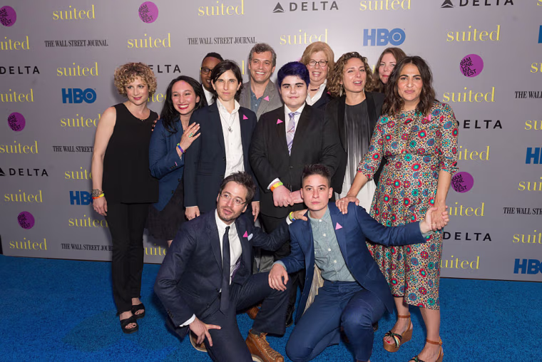 NEW YORK, NY - JUNE 16: (L-R) Carly Hugo, Guest, Everett Arthur, Mel Plaut, director Jason Benjamin, Aidan Star Jones, Dr. Jillian T. Weiss, Stacey Reiss, Ericka Naegle, producer Jenni Konner, Daniel Friedman of Bindle &amp; Keep, and Rae Tutera of Bindle &amp; Keep attend  the premiere of HBO Documentary "Suited" at BAM Rose Cinemas on June 16, 2016 in New York City.