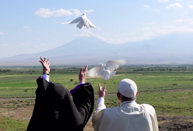 Image: Pope Francis and Catholicos of All Armenians Karekin II Armenia release white doves in front of Mount Ararat after a ceremony at the Khor Virap monastery
