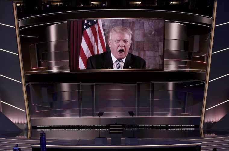 Image: Republican presidential nominee Trump speaks live via satellite during the second session at the Republican National Convention in Cleveland