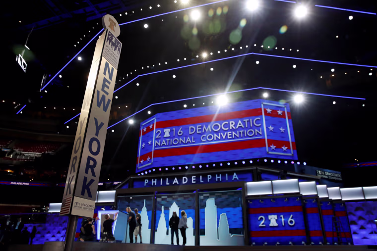 Image: Workers prepare the stage in Philadelphia