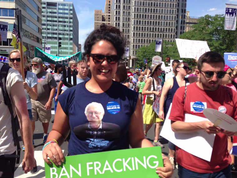 Maxzene Bramon, 25, marched in a protest on the eve of opening day at the Democratic National Convention in Philadelphia on July 24, 2016.