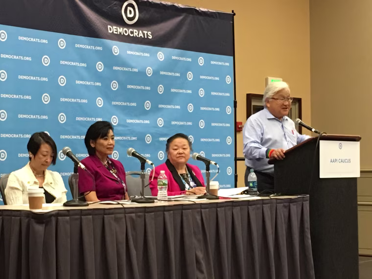 Jadine Nielsen, Rep. Judy Chu, and Rep. Mike Honda at the AAPI Caucus meeting, DNC 2016