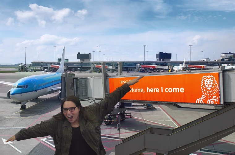 Trans activist Hannah Simpson poses for a branded photo kiosk at Amsterdam's Schiphol Airport in August 2016.