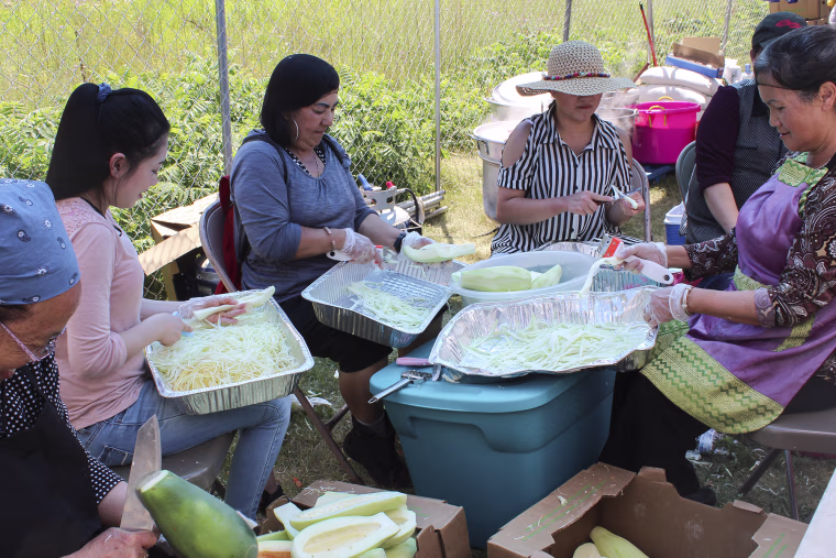 Hmong women cooking and cutting vegetables at a Hmong festival in St. Paul, Minnesota