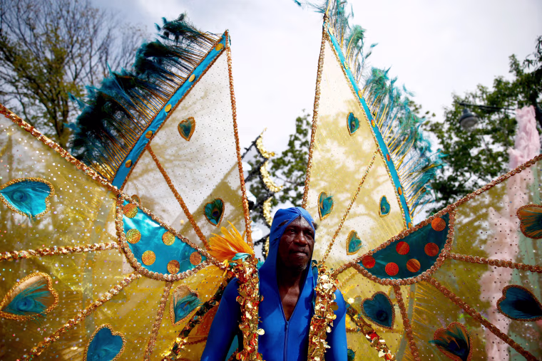 Image: A participant wears a costume during the West Indian Day Parade in the Brooklyn borough of New York