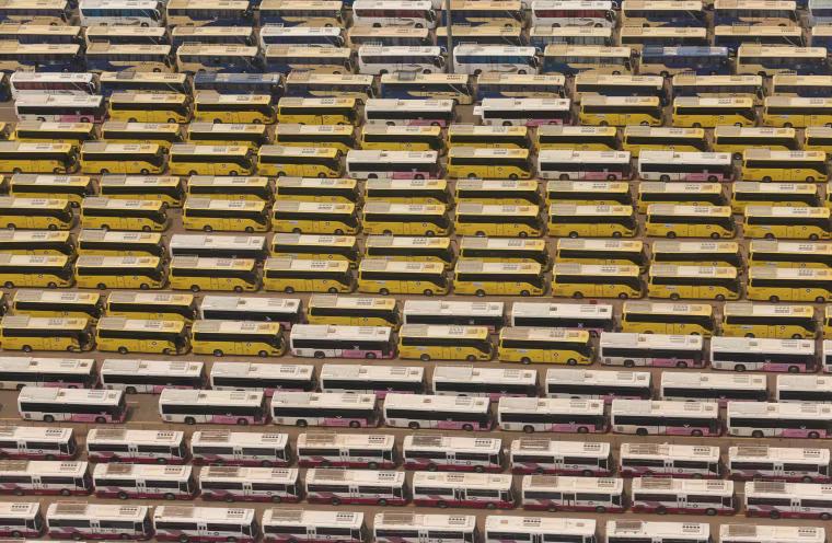 Image: An ariel view of buses which will be used to transport pilgrims during the Haj in Mecca