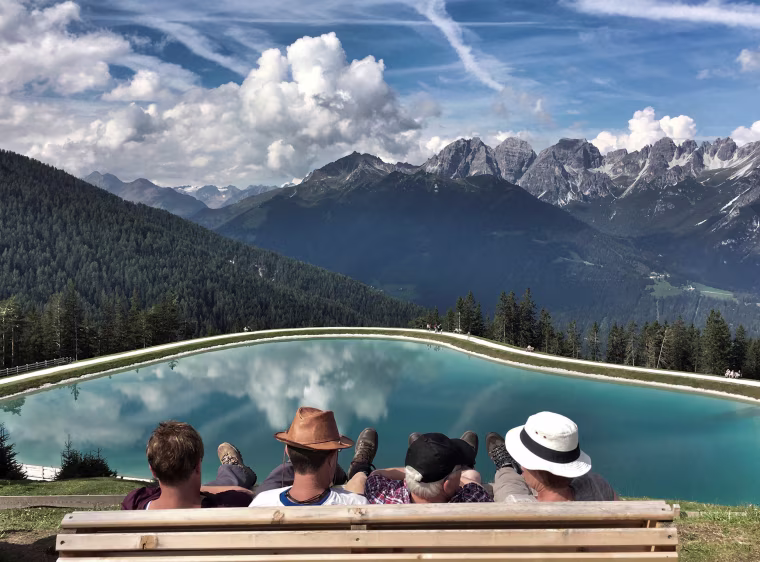 Image: People enjoy the view from Serles mountain on a sunny autumn day in the western Austrian village of Mieders